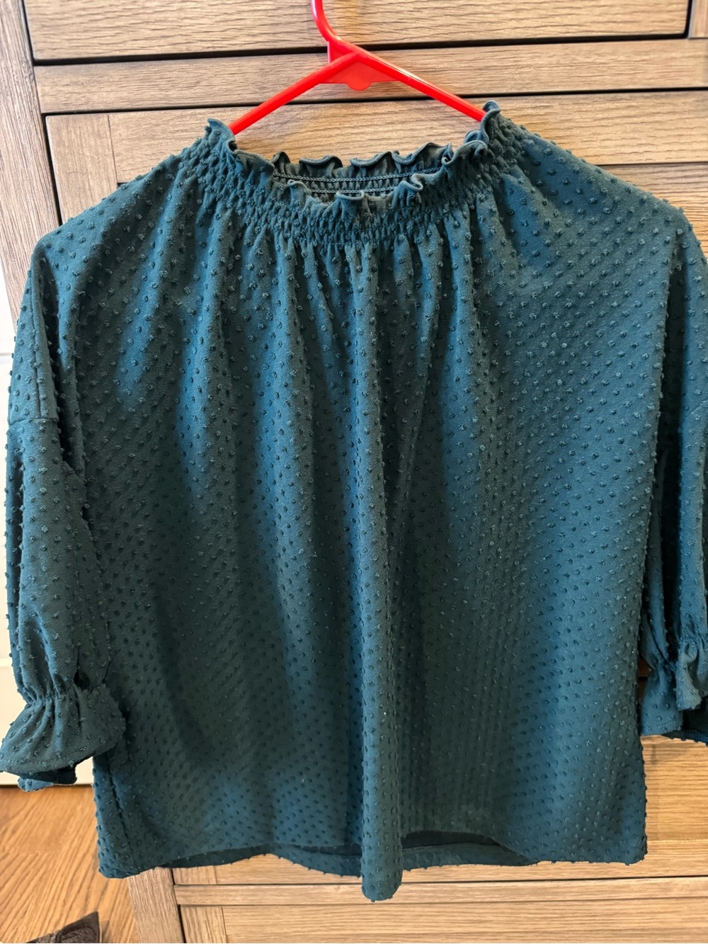 Madewell Teal Green Smocked Neck Swiss Dot Blouse